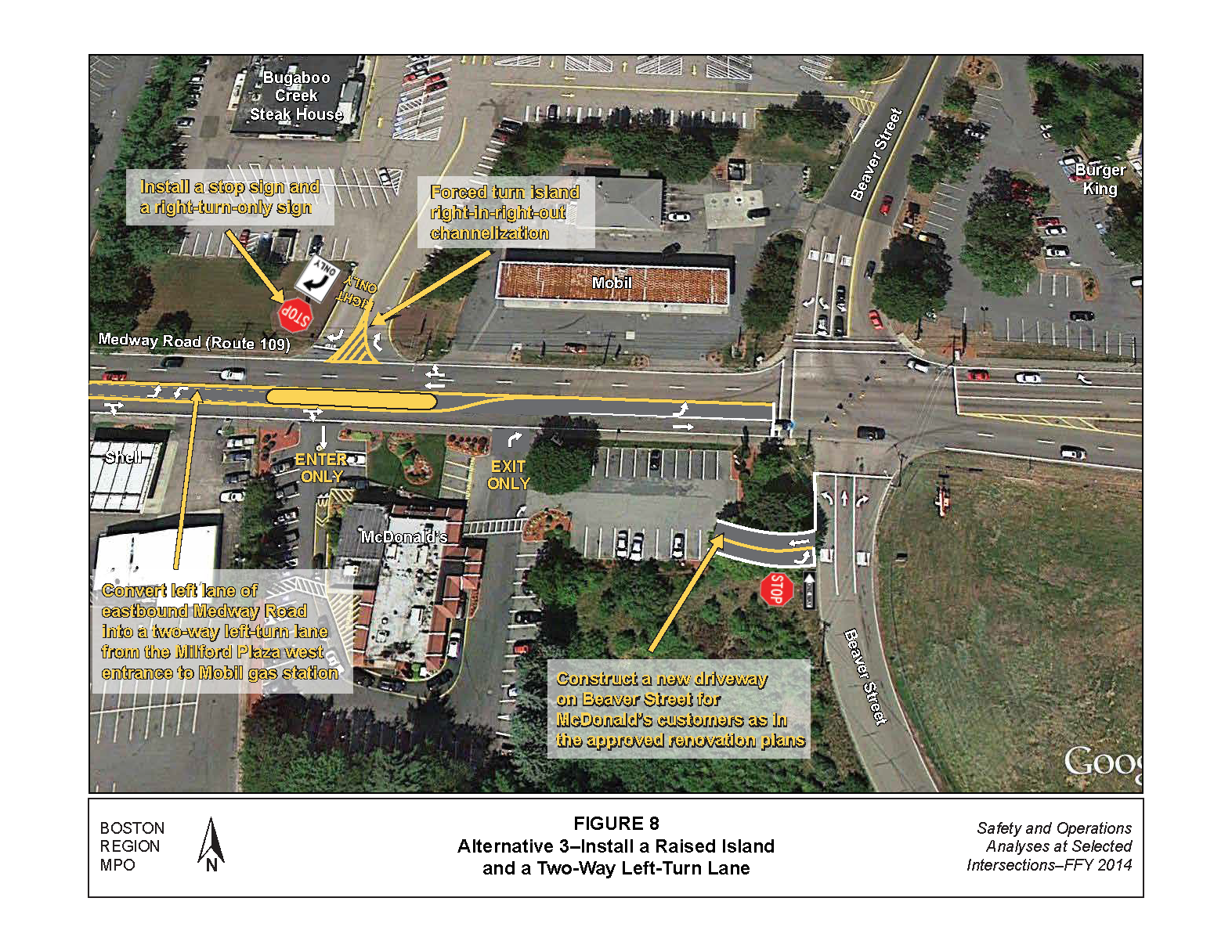 FIGURE 8. Aerial-view map that illustrates MPO staff “Improvement Alternative 3,” which recommends installing a raised island in the vicinity of Kmart and McDonald’s driveways to prohibit left turns, and providing a two-way left-turn lane to improve access to businesses.